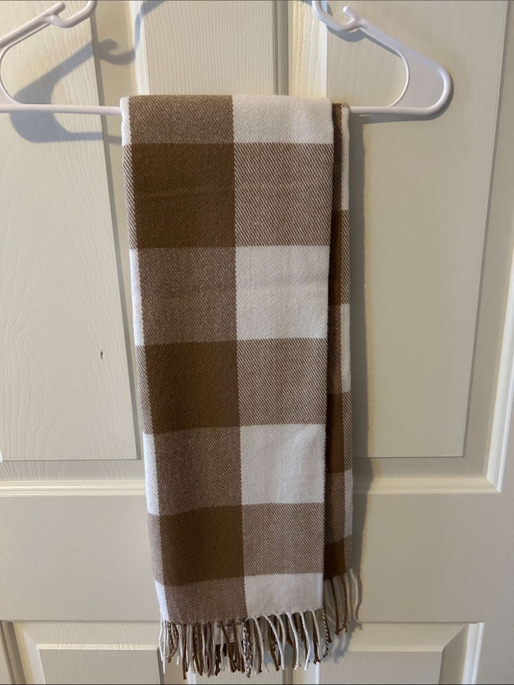 J. Crew Tan and White Buffalo Check Fringe Scarf